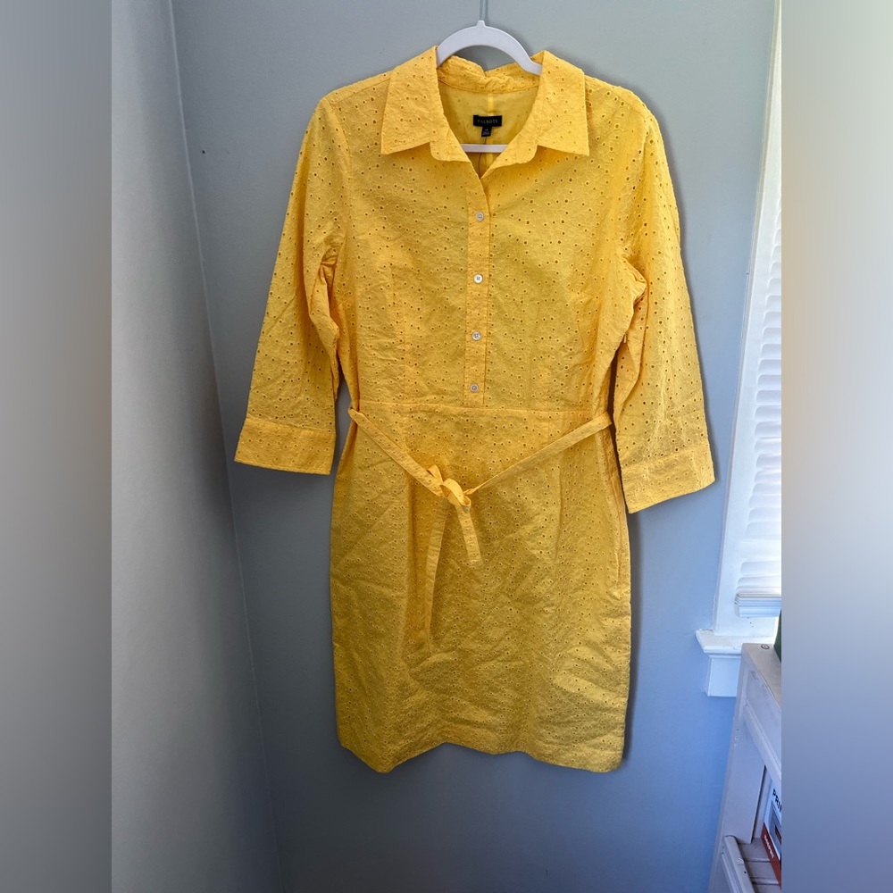TALBOTS, INTENSE YELLOW, EMBROIDERED, MIDI DRESS, 3/4 SLEEVES, BUTTON AND TIE